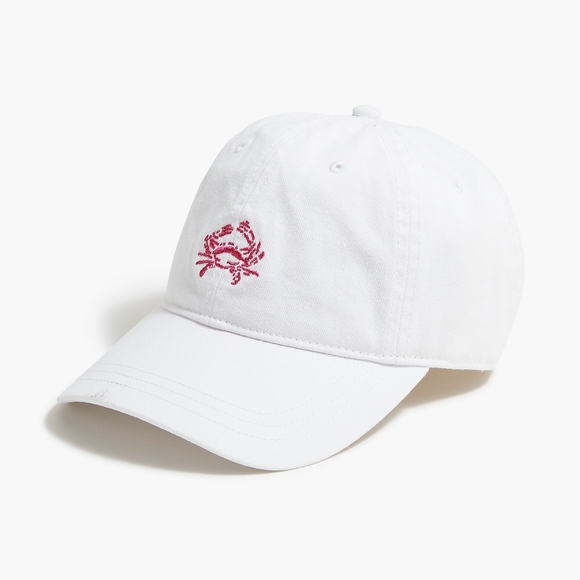 šļø J Crew White Baseball Cap Pink Crab Embroidery Hat